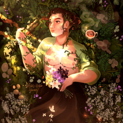 A digital painting of a person surrounded by flowers and vegetation with a cup of tea in the leaves above their shoulder. They are holding flowers in one hand and their shirt is open showing top surgery scars.