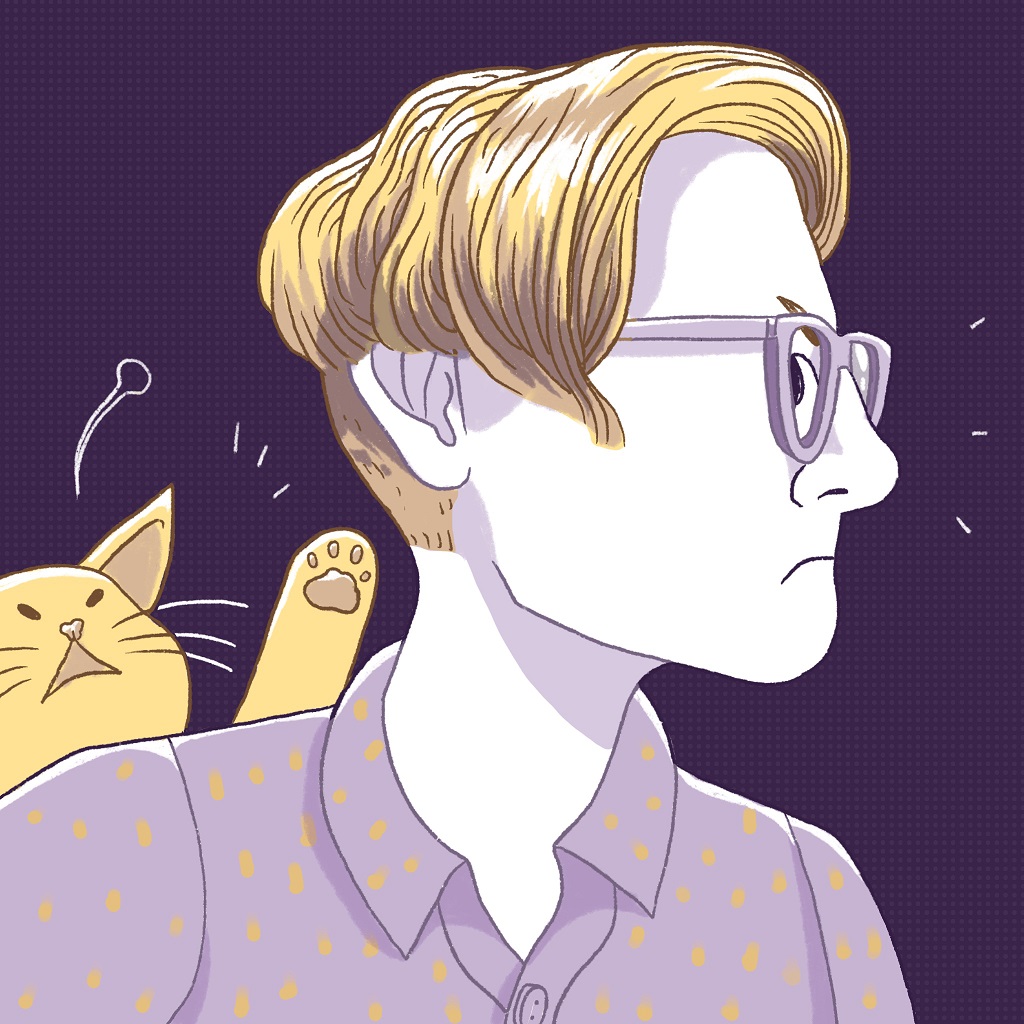An illustration of Ashley Caswell. They are facing to the right and there is a yellow cat behind them.