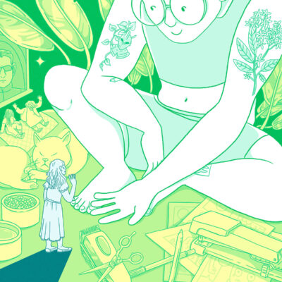 An illustration in shades of green and yellow of a small person in a dress standing next to the outstretched hand of a very large person sitting on the floor looking at the smaller figure.
