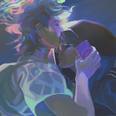 A digital painting of two people under water. One person is holding a purple card in their hand and kissing the other person on top of their head.