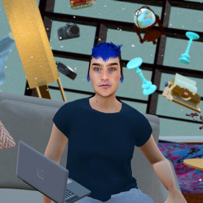 A 3D render of a human figure with blue hair sitting on a couch with a laptop. All of the objects in the room including the couch and laptop are floating at odd angles.