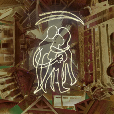 Multi media art containing a white lined drawing of three people hugging on top of a background of a brown tinted collage made of houses at various angles.