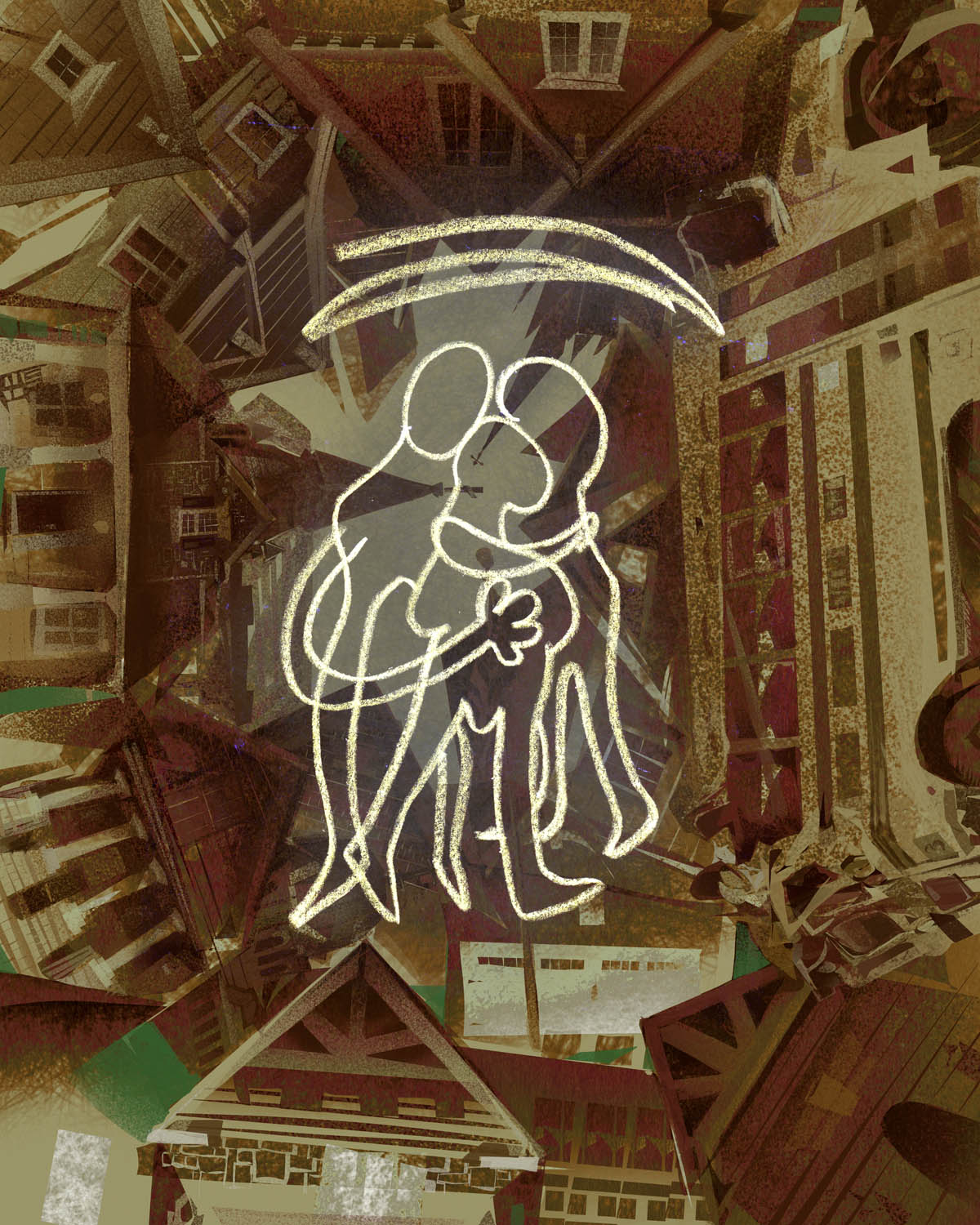 Multi media art containing a white lined drawing of three people hugging on top of a background of a brown tinted collage made of houses at various angles.