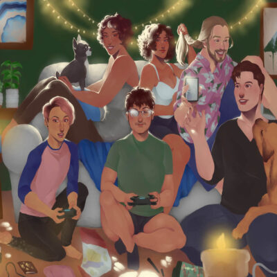 A digital illustration of a group of six people and two dogs crowded around a couch indoors and talking, playing video games, and braiding each others' hair.