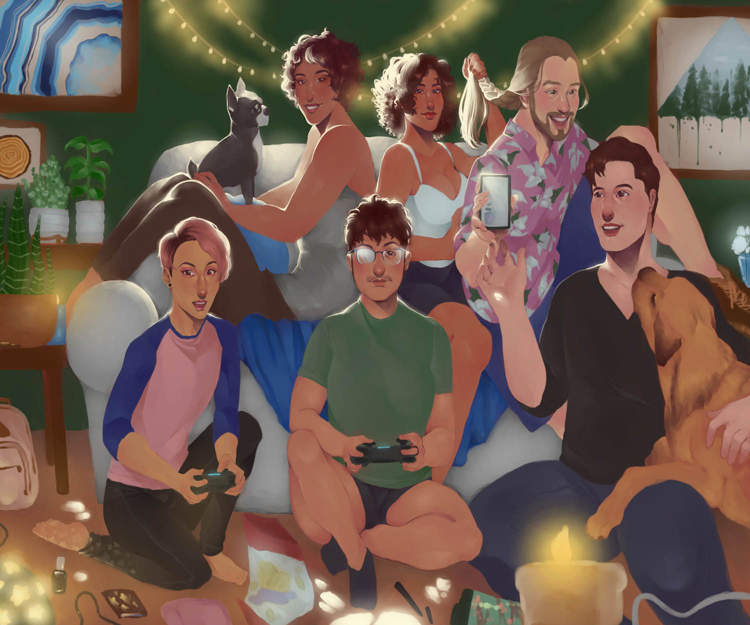 A digital illustration of a group of six people and two dogs crowded around a couch indoors and talking, playing video games, and braiding each others' hair.