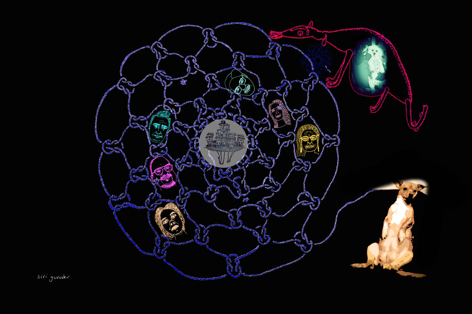 Surreal digital art with a circle of blue knotted rope emanating from an image of a chihuahua on a black background. Between the gaps of the knots are brightly colored drawn faces. In the right corner is a red creature with an image of a dog in its belly.