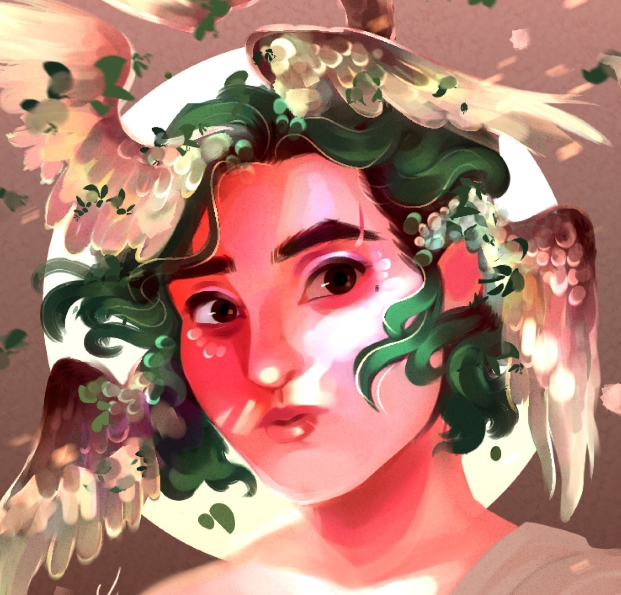 An illustration of Aire with green hair, wings sprouting from their head with a halo behind. 