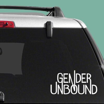 A white decal of the Gender Unbound logo on the back window of a car.