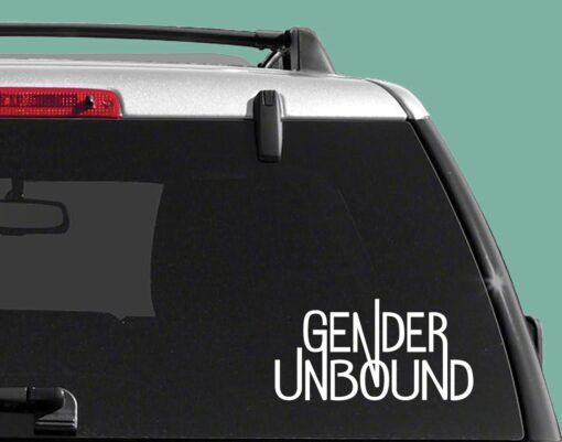 A white decal of the Gender Unbound logo on the back window of a car.