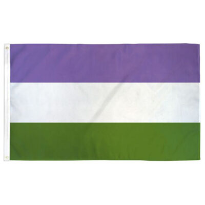 A genderqueer flag consisting of green, white, and purple stripes.