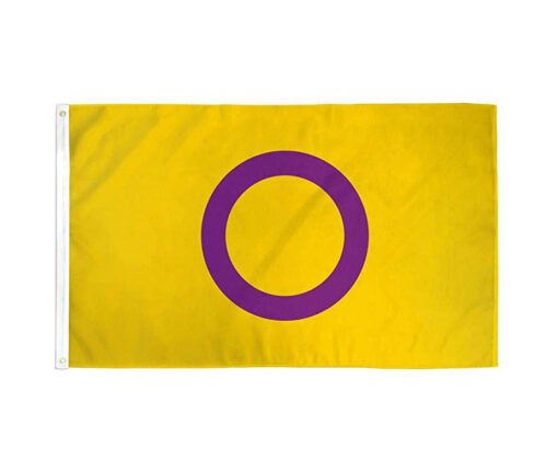 An intersex flag consisting of a yellow background and a purple circle.
