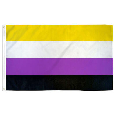 A nonbinary flag consisting of yellow, white, purple, and black stripes.