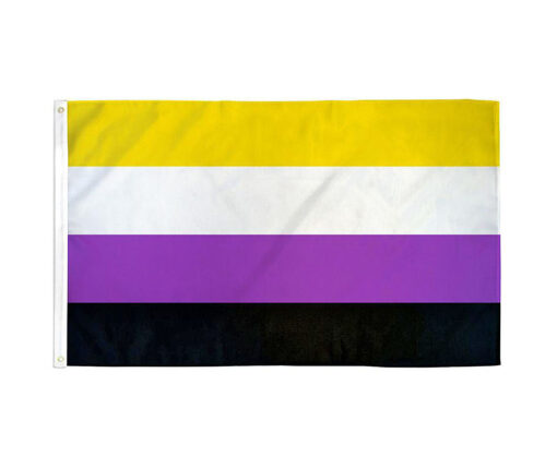 A nonbinary flag consisting of yellow, white, purple, and black stripes.