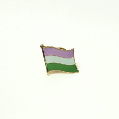 A metal and epoxy genderqueer flag pin.