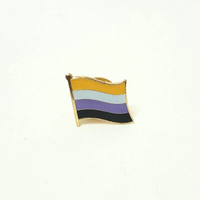 A metal and epoxy nonbinary flag pin.
