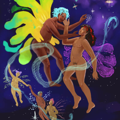 A digital illustration of 5 nude people floating in space with colorful ethereal wings of varying shapes. The two closest figures are reaching out to touch each other's faces.