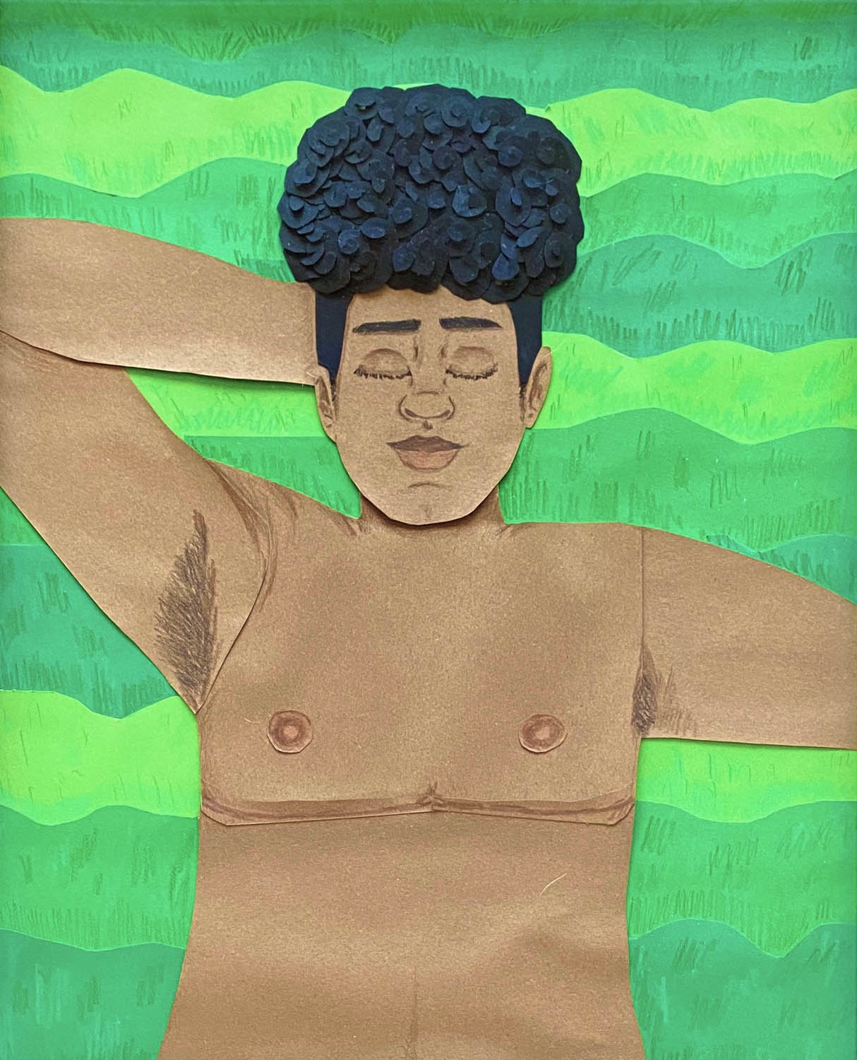 A paper collage and mixed media art piece of a shirtless black person with top surgery scars laying in the grass.