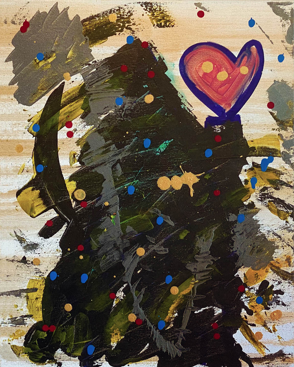 An abstract painting of mostly yellows and blacks with a red heart in the upper right corner.